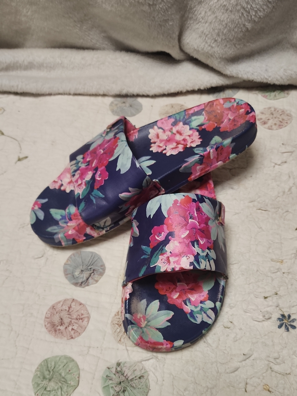 Joules Navy Floral Slide Sandals with Pink Accents